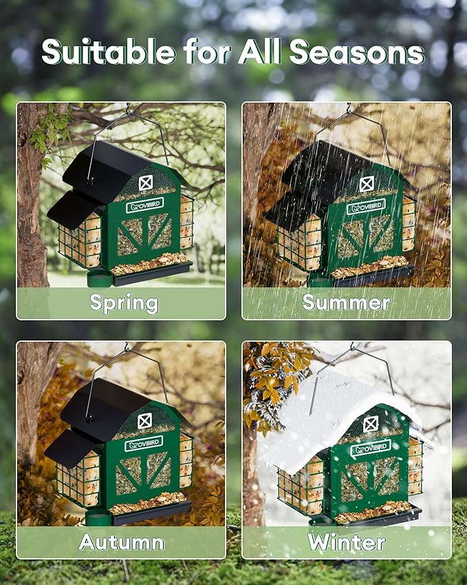 Bird Feeders for Outdoors Hanging, 5LBS Large Bird Feeder with 2 Suet Cage, Red Barn Metal Birds Feeder for Outside, Weather Resistant Cardinal Feeders, ldeal Birds Watching Gifts (Green)
