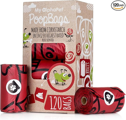 Compostable Dog Poop Bags, Cornstarch Eco-Friendly, HOME COMPOST NF T 51-800, 120 Count, Large Size Bag 9x13 Inches, 8 Unscented Refill Rolls, Leak-proof, Plantbased, GM-Free Corn (Red)