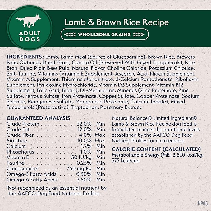 Natural Balance Limited Ingredient Adult Dry Dog Food with Healthy Grains, Lamb & Brown Rice Recipe, 12 Pound (Pack of 1)