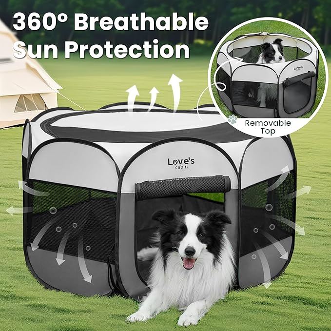 Love's cabin Pet Puppy Dog Playpen, Large Dog Tent Crates Cage Indoor/Outdoor, Portable Playpen for Cat, Foldable Pop Up Dog Kennel Playpen with Carring Case, Removable Zipper Top, Grey