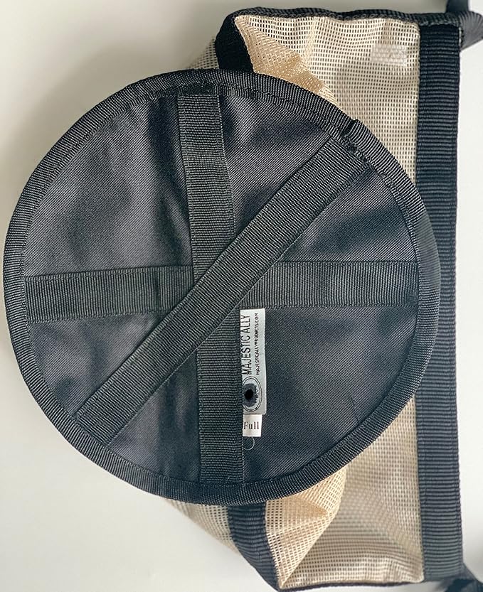 Majestic Ally Horse Feed Bag, Heavy Duty Nylon Mesh Grain Feed Bag, Adjustable Strap with Durable Snap and Elastic Straps, Comfort Neck Pad and Nose Pad- Large (Draft, Beige)