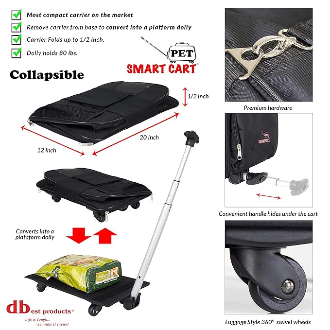 dbest products Smart Cart Pet Carrier with Wheels, Airline Approved Dog and Cat Carrier with Telescoping Handle, 21x12x12in, 24 lb Capacity, Black