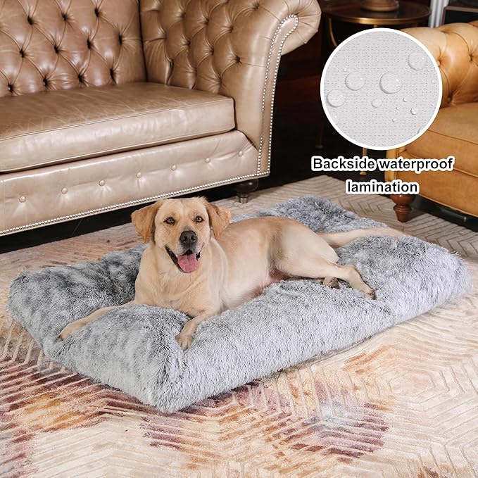 Bedfolks Waterproof Crate Bed, Plush Dog Kennel Pad with Removable Washable Cover, Faux Fur, Fluffy, 41"x27", Dark Grey