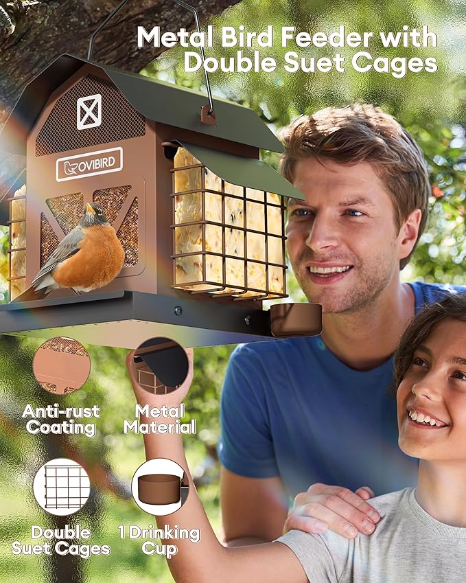 Bird Feeders for Outdoors Hanging, 5LBS Large Bird Feeder with 2 Suet Cage, Red Barn Metal Birds Feeder for Outside, Weather Resistant Cardinal Feeders, ldeal Birds Watching Gifts (Brown)