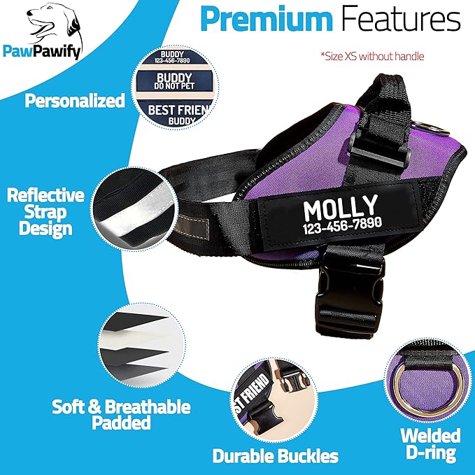 PawPawify Custom No Pull Dog Harness with Name and Phone Number, Heavy Duty Personalized Pet Vest to Prevent Tugging, Pulling, or Choking, Training and Walking (Purple, XXL (Chest 36-42in))