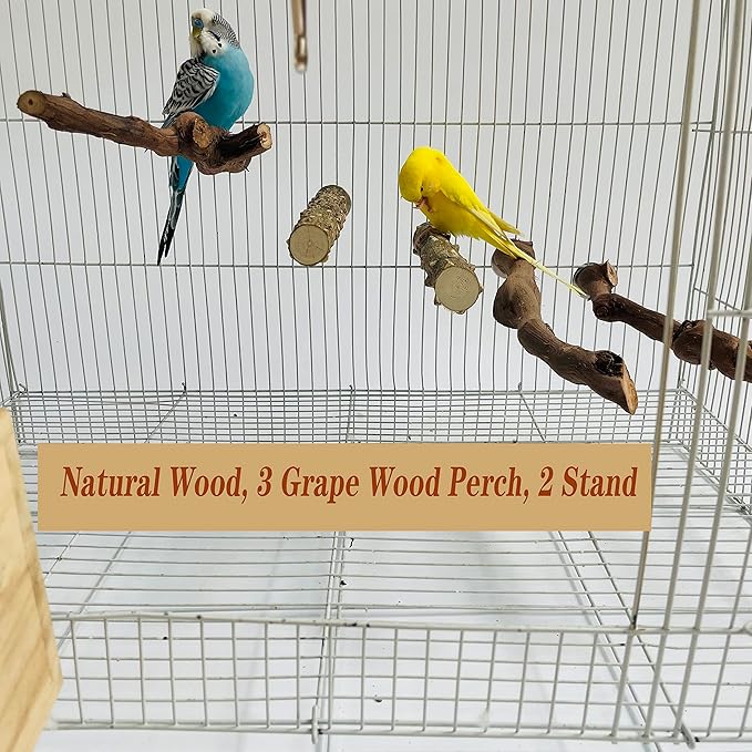 5PCS Bird Perch Stand Natural Wooden Parrot Stand Branch,3 Grape Wood Perch,2 Stand,Paw Grinding Fork Parakeet Chewing Stick Exercise Training Branches for Cockatiels,Small Medium Birds