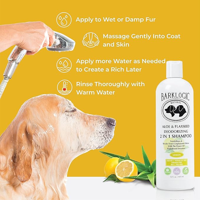 Deodorizing 2 in 1 Shampoo with Aloe and Flaxseed, 16 oz, Lemon - Eliminates Odors On Dogs and Puppies on Contact, Puppy Safe Shampoo and Conditioner in One Easy Step, Vegan