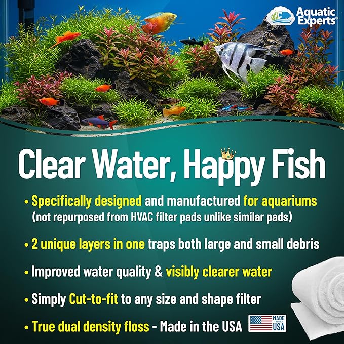 Aquatic Experts Aquarium Filter Floss for Fish Tank Filters - FilterFirst Aquarium Filter Pad - Media Roll for Crystal Clear Water, 12" x 12' x ¾ to ½ Thick