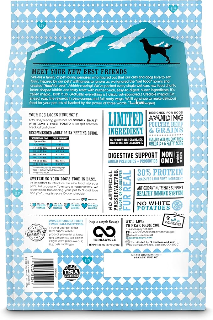 I and love and you Lovingly Simple Dry Dog Food - Lamb + Sweet Potato - Grain Free, Filler Free, Prebiotic + Probiotic 21lb Bag