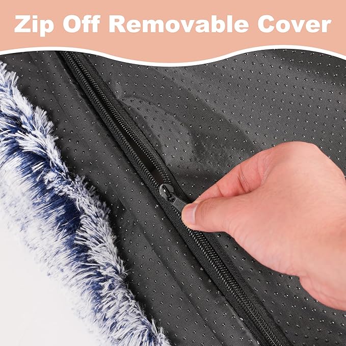 Bedfolks Plush Dog Crate Bed, Washable Cover, Faux Fur Pad, 21"x13", Dark Blue