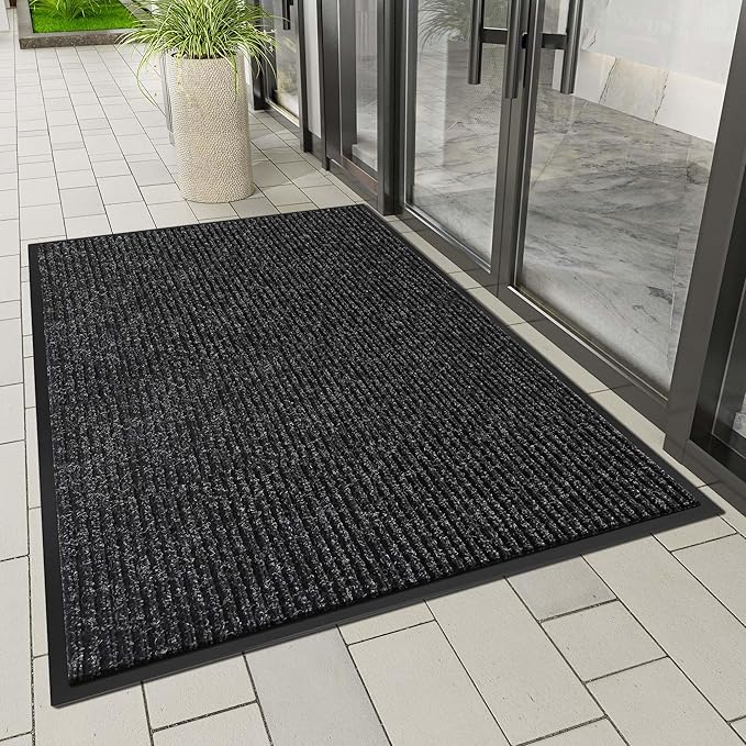 Indoor Outdoor Door Mat, 6' x 2' Doormat for Entryway, Rubber Backing Non Slip Front Door Mat Outside Entrance, Super Absorbent Commercial Floor Mat for Home Office, Black