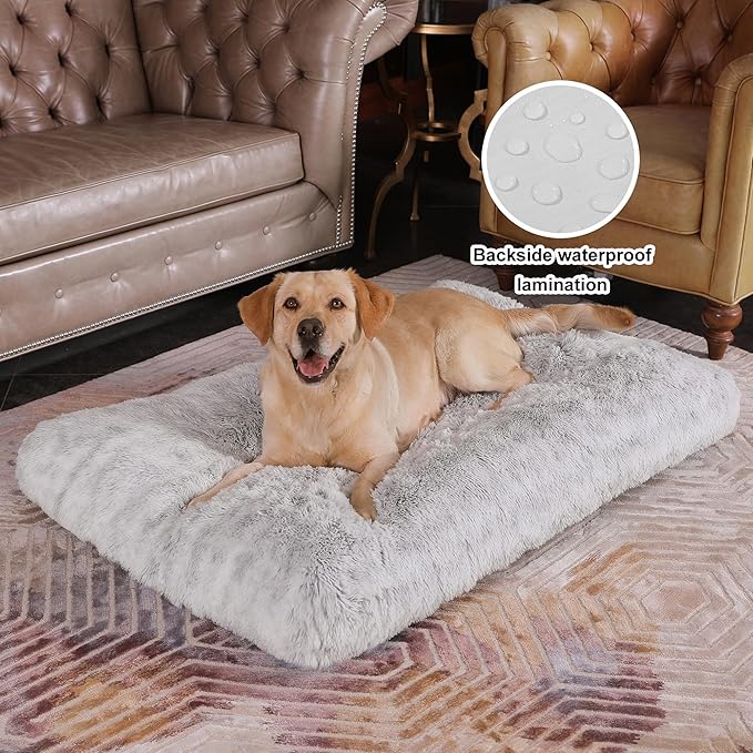 Bedfolks Plush Dog Crate Bed, Waterproof & Washable Faux Fur Pad for Extra Large Dogs, Grey, 41"x27"