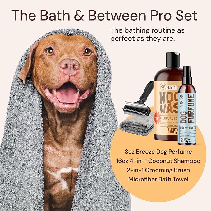 Sunny & Honey Dog Grooming Kit & Shampoo Bundle Pack - 16 oz Coconut Honey Shampoo & Conditioner Set - 8 oz Breeze Dog Deodorizing Spray - Deshedding Brush - Microfiber Towel