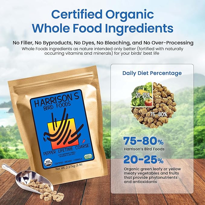 Harrison's Bird Foods Pepper Lifetime Coarse - Certified Organic, Non-GMO Formula for Medium to Large Birds - Premium, Nutrition for Long-Term Health, Vitality & Wellness - 5 lb Bag