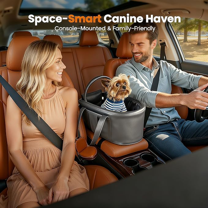 2 and 1 Center Console Dog Car Seat & Carrier for Small Dogs, Large Leather Dog Car Bed with Storage Pocket, Waterproof PVC Leather Seat Travel Bed for Front & Back Seat, Clip-On Safety Leash