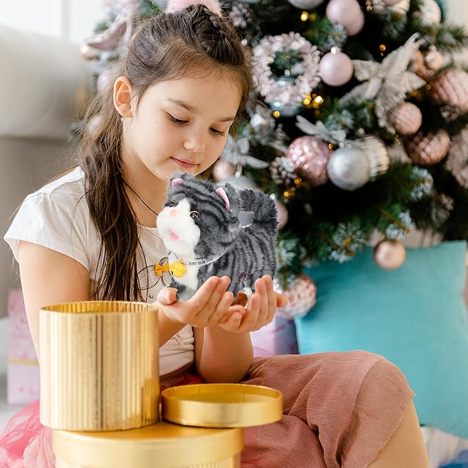 Easfan 7" Walking Plush Kitty Toy Stuffed Animal Electric Interactive Talking Musical Plush Toy Grey Cat Leash Tail Wagging Christmas Birthday Gifts for Kids Toddlers