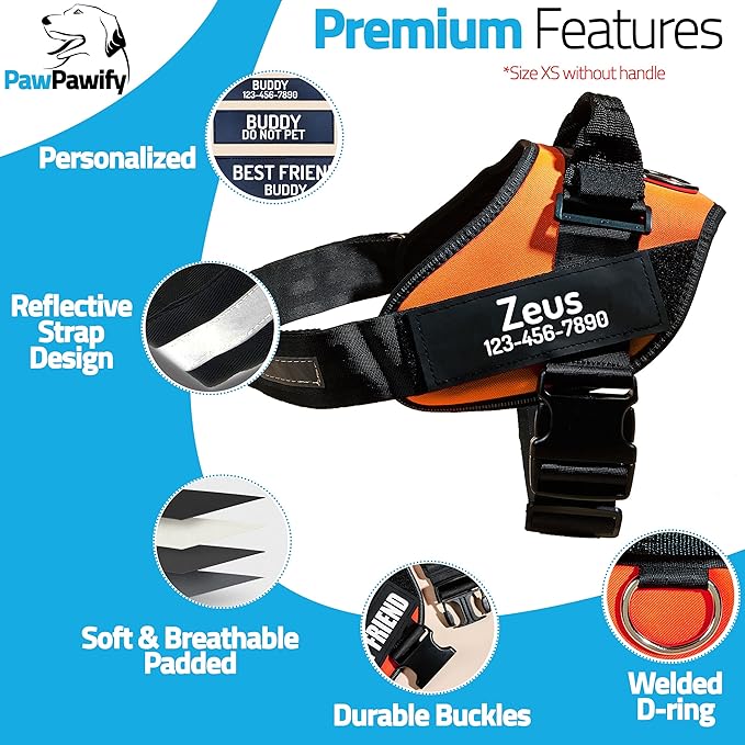 PawPawify Custom No Pull Dog Harness with Name and Phone Number, Heavy Duty Personalized Pet Vest to Prevent Tugging, Pulling, or Choking, Training and Walking (Orange, XXL (Chest 36-42in))