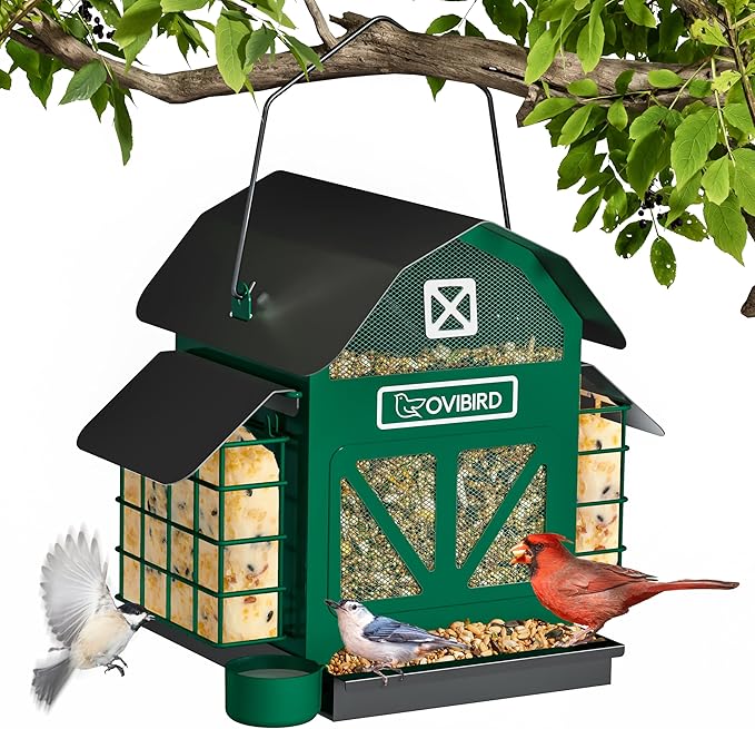 Bird Feeders for Outdoors Hanging, 5LBS Large Bird Feeder with 2 Suet Cage, Red Barn Metal Birds Feeder for Outside, Weather Resistant Cardinal Feeders, ldeal Birds Watching Gifts (Green)