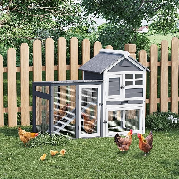 2-Tier Rabbit & Chicken House,Wooden Chicken Coop & Bunny Cage with Non-Slip Ramp, 4 Doors,Waterproof Roof & Pull-Out Tray,Outdoor/Indoor Pet Cage