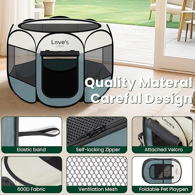 Love's cabin Pet Puppy Dog Playpen, Small Dog Tent Crates Cage Indoor/Outdoor, Portable Playpen for Cat, Foldable Pop Up Dog Kennel Playpen with Carring Case, Removable Zipper Top, Moss Green