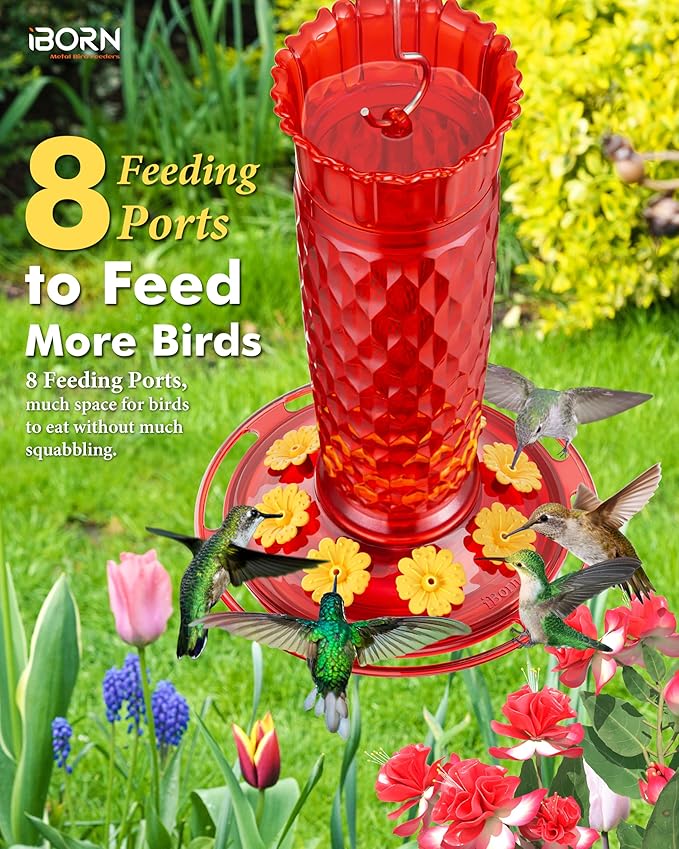 iBorn Hummingbird Feeders for Outdoors 16OZ Bird Feeders for Outdoors Hanging, Hummingbird Feeder with 8 Bee Guard Feeding Ports & Built-in Ant Moat, Silicone Flower, Red Honeycomb Exterior
