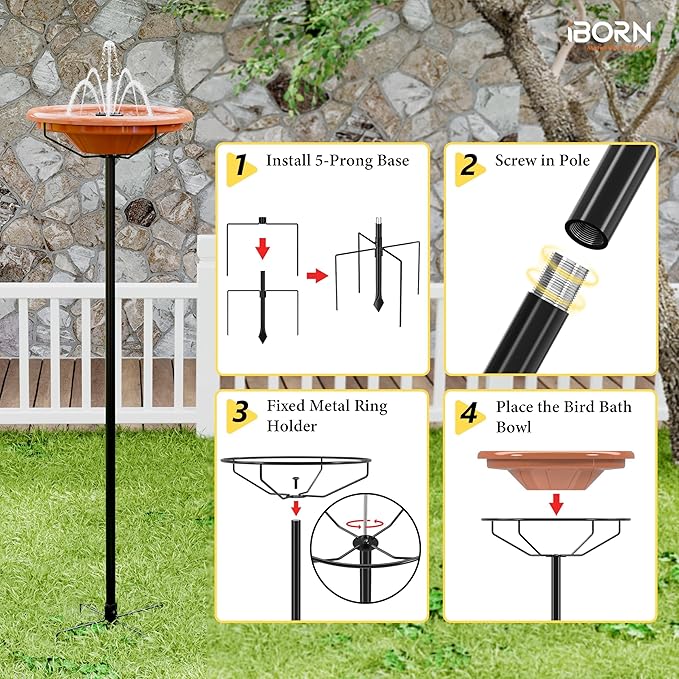 iBorn 36Inch Freestanding Bird Bath for Outside,12″ BPA-Free Plastic Bowl,Birdbaths with 3 Adjustable Height Pole,5-Prongs Base,Metal Pole and Plastic Bird Bath Bowl,Pack of 1（Not Include Fountain）
