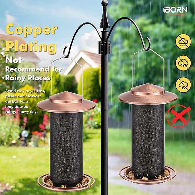iBorn Bird Feeders for Outdoors, All Metal Mesh Tube, Holding Bird Seed for Outside Feeders,18cm Large Roof, Copper, 2.8lb(Seed is not Included)