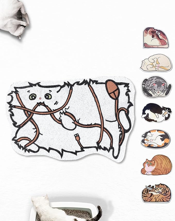 Lukamoo® Cute Cat Litter Mat (30’’x20’’), Extra-Large/XL, for Kitty Litter & Cute Cat Litter Box, Litter Trapping Mat (Long Hair White)