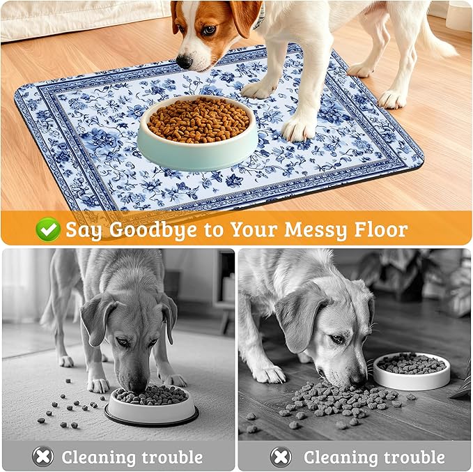 Blue Flower Dog Food Mat,Absorbent Pet Feeding Mat for Food and Water Bowl,Quick Dry Dog Placemat Non Slip Rubber Backing Waterproof Pet Supplies 12" x 20"