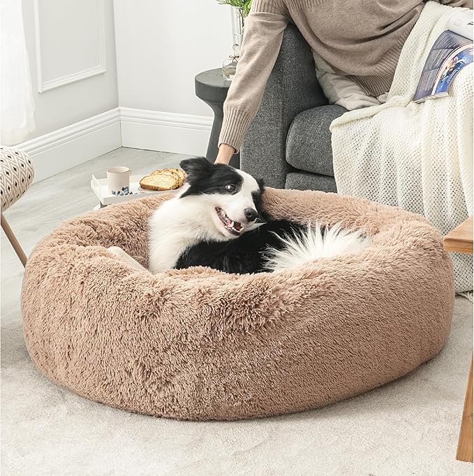 Bedsure Calming Dog Beds Large Sized Dog - Donut Washable Large Pet Bed, 36 inches Anti-Slip Round Fluffy Plush Faux Fur Dogs Bed, Fits up to 80 lbs Pets, Camel