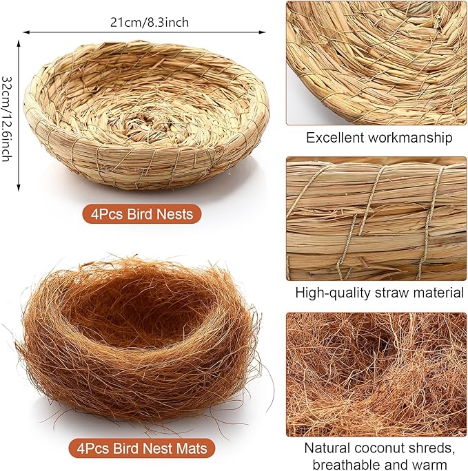 4 Set Bird Nest with Coconut Fiber Mats Set Hand-Woven Flat Base Pigeon Birdhouse Breeding Nest Small Animal Cage Accessories for Parrots Budgies Cockatiels Hamsters Gerbils and Pigs