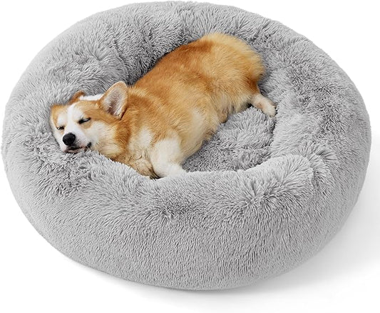 Bedsure Calming Dog Bed for Medium Dogs - Donut Washable Medium Pet Bed, 30 inches Anti-Slip Round Fluffy Plush Faux Fur Cat Bed, Fits up to 45 lbs Pets, Pale Grey