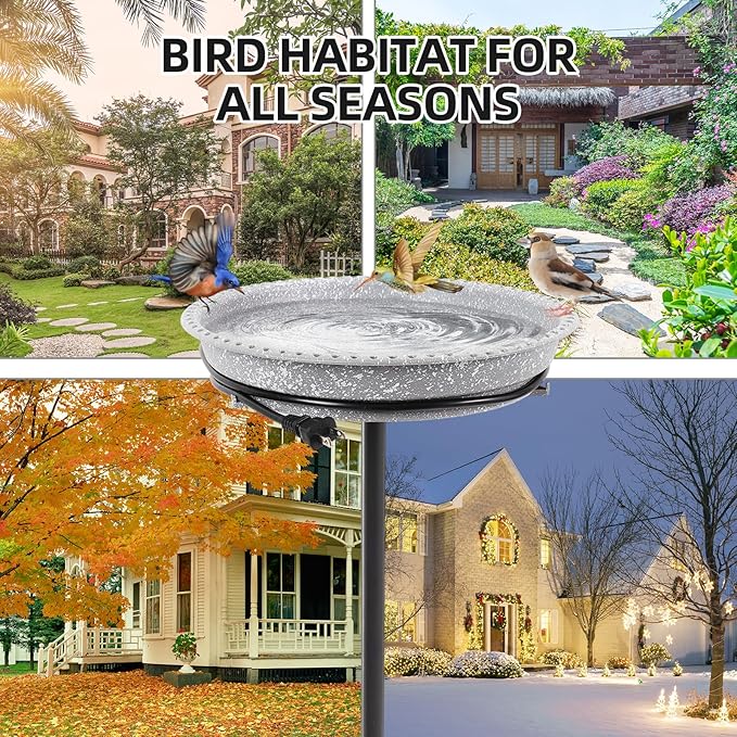 Heated Bird Bath for Outdoors for Winter, 75W Bird Bath Water Heater Bird Bath Deicer,Deep Bowl Thermostatic Control Weather Resistance Available with Stable Metal Pole for All Seasons(Grey)
