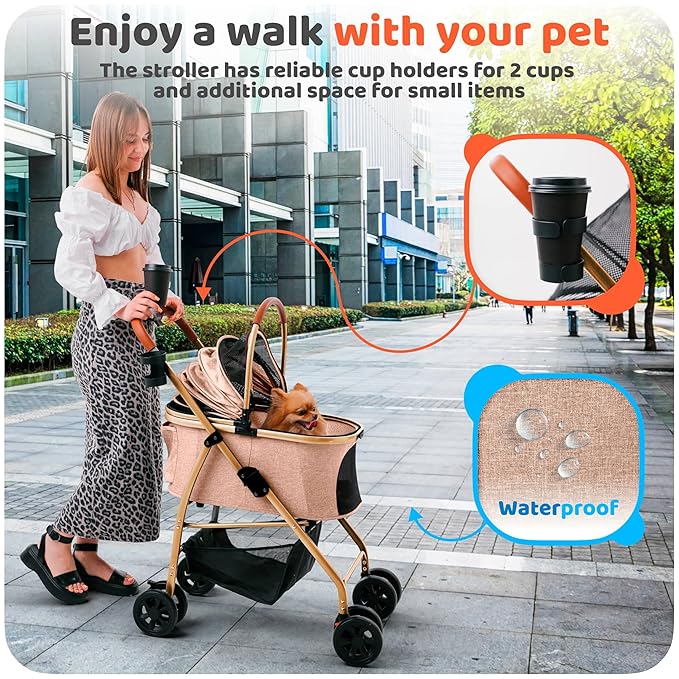 Pet Stroller for Small Medium Dogs & Cats – 2-in-1 Detachable Carrier, Zipperless Entry, Lightweight Folding Travel Stroller with Storage Basket, Cup Holder, Brown