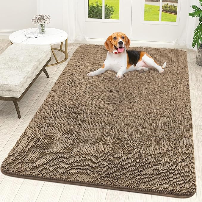 OLANLY Dog Door Mat for Muddy Paws 59x35, Absorbs Moisture and Dirt, Absorbent Non-Slip Washable Doormat, Quick Dry Chenille Mud Mat for Dogs, Entry Indoor Entryway Carpet for Inside Floor, Tan