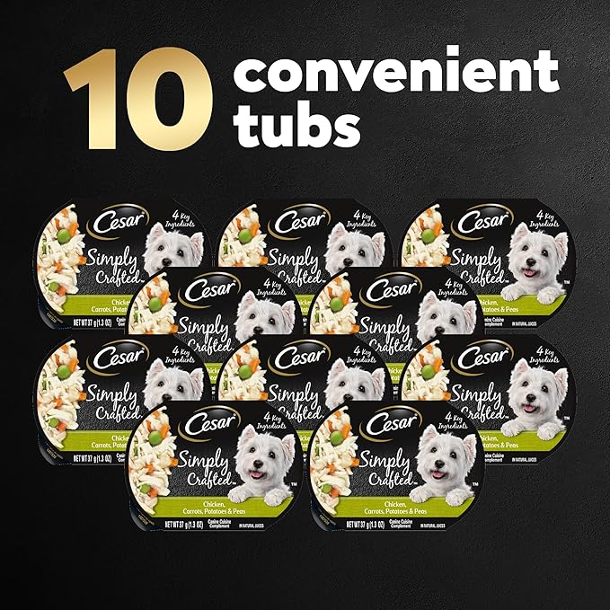 Cesar Simply Crafted Adult Wet Dog Food Meal Topper, Chicken, Carrots, Potatoes & Peas, 1.3oz. (10 Count, Pack of 1)