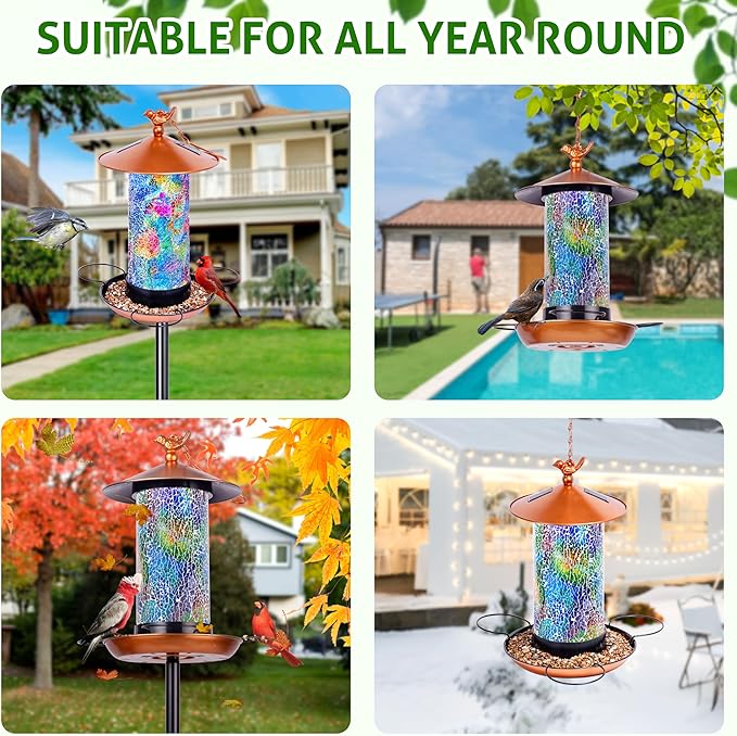 XDW-GIFTS Mosaic Solar Wild Bird Feeder with Pole Kit, Waterproof Lantern Design with Adjustable Heavy-Duty Bird Feeder Post for Outside, Garden- Unique Gifts for Mom,Women, Grandma,Bird Lovers