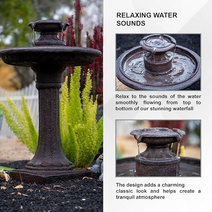 XBrand 28" Tiered Freestanding Classic Bird Bath Outdoor Water Fountain w/Auto Shut-Off Pump, Brown
