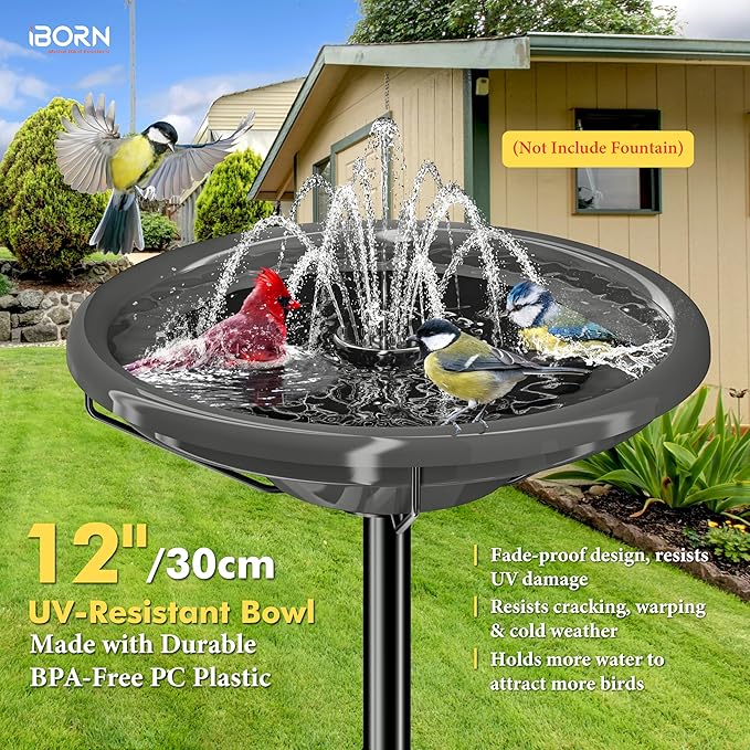 iBorn Bird Bath for Outside,36″ Freestanding Bird Bath with 3 Adjustable Height Pole,12″ BPA-Free Plastic Bowl,5-Prongs Base,Metal Pole and Plastic Bird Bath Bowl,Gray,1 Pack（Not Include Fountain）