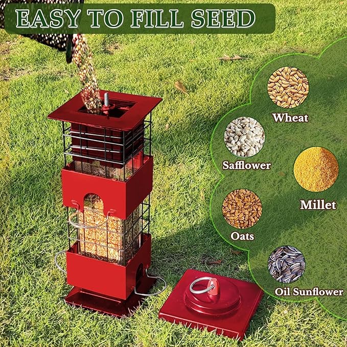Squirrel Proof Bird Feeder, Metal Bird Feeders for Outdoors, 3 Lbs Birdfeeder Outside Hanging, Weight Activated Spring, 4 Feeding Ports, Cardinals, Finches and Sparrows, Wild Birds (Red)