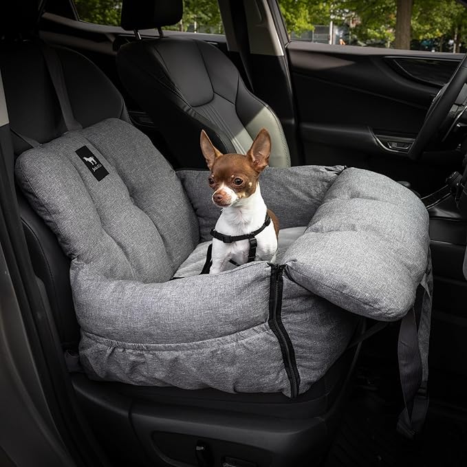 JACKO & CO - Premium Dog Car Seat v2 Booster Seat for Small & Medium Pets Under 25lbs - Machine Washable w Removable Cover, Water Resistant w Clip-On Leash for Front or Back Seat (Grey/Small (1-25lbs)