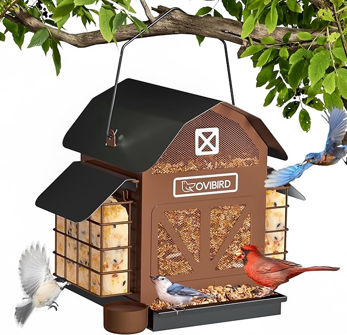 Bird Feeders for Outdoors Hanging, 5LBS Large Bird Feeder with 2 Suet Cage, Red Barn Metal Birds Feeder for Outside, Weather Resistant Cardinal Feeders, ldeal Birds Watching Gifts (Brown)