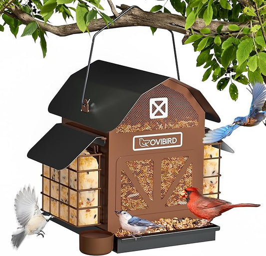 Bird Feeders for Outdoors Hanging, 5LBS Large Bird Feeder with 2 Suet Cage, Red Barn Metal Birds Feeder for Outside, Weather Resistant Cardinal Feeders, ldeal Birds Watching Gifts (Brown)