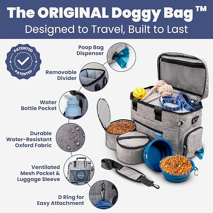 The Original Doggy Bag™- Dog Travel Bag for Supplies - Ultimate Gift for Dog Moms & Dads, Doggy Lovers & Pet Owners for Christmas- Includes 2 BPA-Free Travel Bowls and 2 Food Containers: Grey