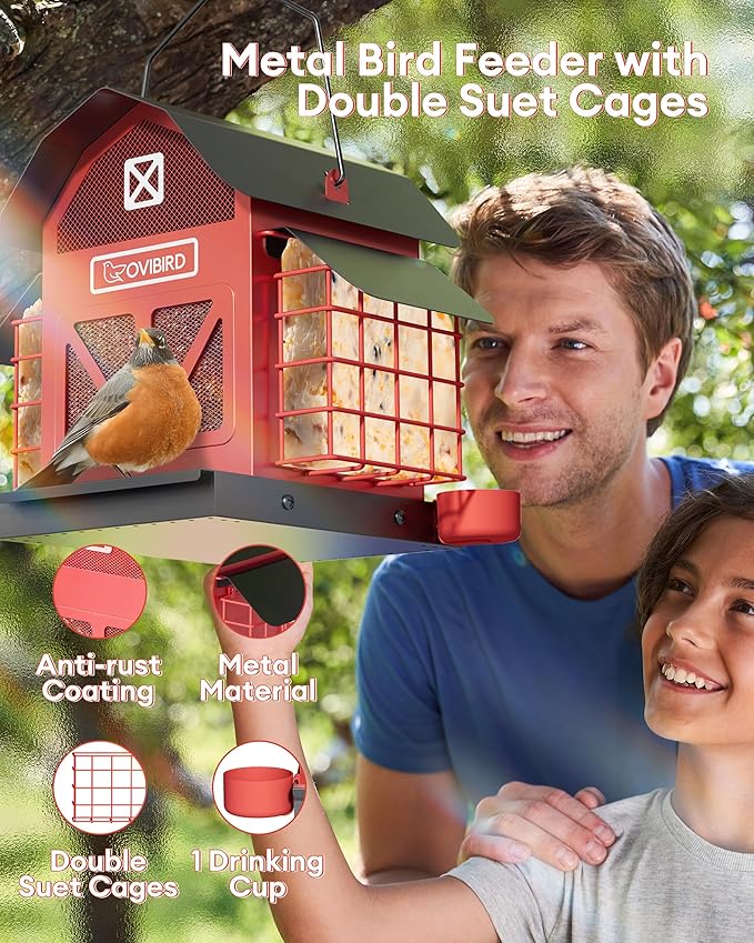 Bird Feeders for Outdoors Hanging, 5LBS Large Bird Feeder with 2 Suet Cage, Red Barn Metal Birds Feeder for Outside, Weather Resistant Cardinal Feeders, ldeal Birds Watching Gifts (Red)