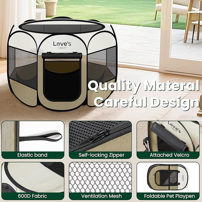 Love's cabin Pet Puppy Dog Playpen, Small Dog Tent Crates Cage Indoor/Outdoor, Portable Playpen for Cat, Foldable Pop Up Dog Kennel Playpen with Carring Case, Removable Zipper Top, Khaki