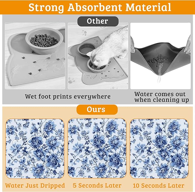 Blue Flower Dog Food Mat,Absorbent Pet Feeding Mat for Food and Water Bowl,Quick Dry Dog Placemat Non Slip Rubber Backing Waterproof Pet Supplies 16" x 24"