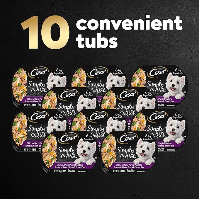 Cesar Simply Crafted Adult Wet Dog Food Meal Topper, Chicken, Duck, Purple Potatoes, Pumpkin, Green Beans & Brown Rice, 1.3oz. (10 Count, Pack of 1)