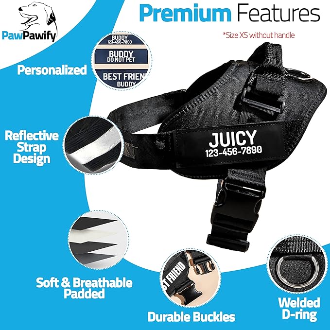 PawPawify Custom No Pull Dog Harness with Name and Phone Number, Heavy Duty Personalized Pet Vest to Prevent Tugging, Pulling, or Choking, Training and Walking (Black, XXL (Chest 36-42in))
