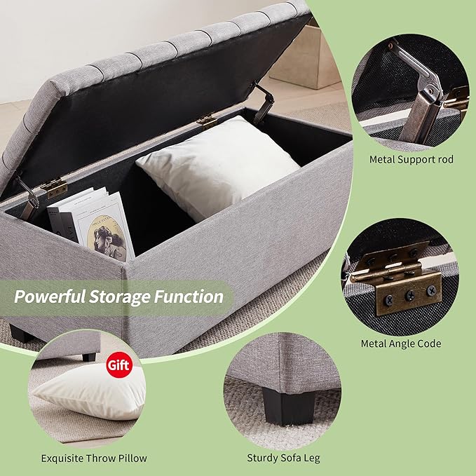Ottoman with Storage 38 inches, Furniture End of Bed Storage Benches, Long Ottomans Bench with hinged lid, Bench seat Trunk for Foot Rest in Bedroom, Living Room (Gray)